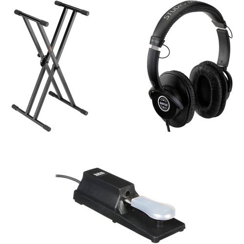 Photo Video Double-Braced X-Style Stand with Headphones and Sustain Pedal - Keyboard Essentials Bundle