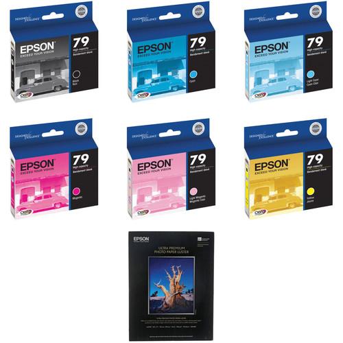 Epson 79 Ink Six Cartridge Kit with 50 8x11" Sheets of Epson Ultra Premium Luster Paper