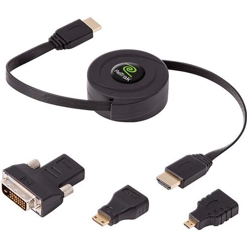 ReTrak Retractable Standard HDMI Cable with Mini & Micro HDMI, DVI Adapters