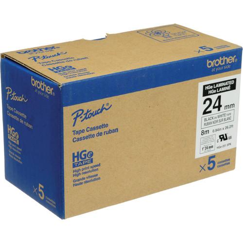 Brother HGE251 5-Pack 1.0" Black Print On White Laminated Tape With Extra-Strength Adhesive