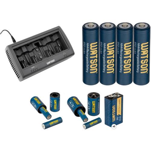 Watson Universal 8-Bay Charger Kit with AAA, AA and 9V NiMH Batteries and Spacers