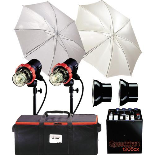 Speedotron 1205CX 2 CC Head Air Travel Kit - Includes: 1205CX - 1200 W S Power Pack, 2-202VF Color Corrected Flash Heads, Umbrellas, Sync Cord, Stands, 3-Section Air Case