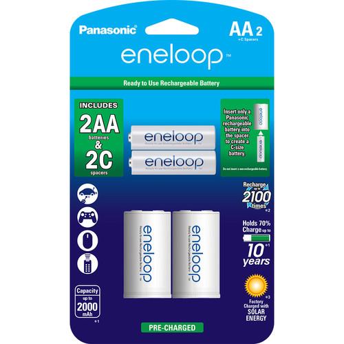 Panasonic Eneloop Rechargeable AA Ni-MH Batteries with C Spacers