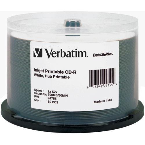 Verbatim CD-R 700MB 52x Write-Once DataLifePlus White Inkjet Printable, Hub Printable Recordable Compact Disc
