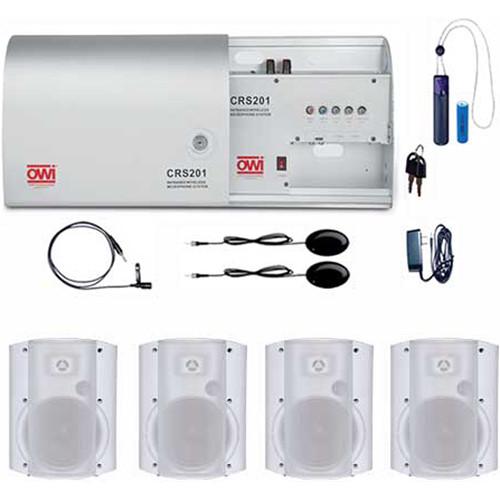 OWI Inc. Infrared Wireless Microphone System with One Pendant Mic, One Lapel Mic, and Four White P5278 Patio Blaster P Series Speakers