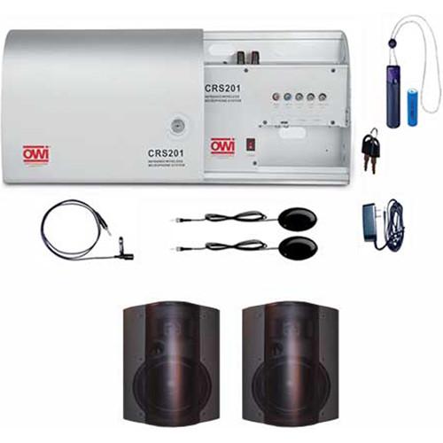 OWI Inc. Infrared Wireless Microphone System with One Pendant Mic, One Lapel Mic, and Two Black P8378 Patio Blaster P Series Speaker