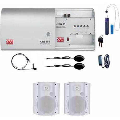 OWI Inc. Infrared Wireless Microphone System with One Pendant Mic, One Lapel Mic, and Two White P5278 Patio Blaster P Series Speakers