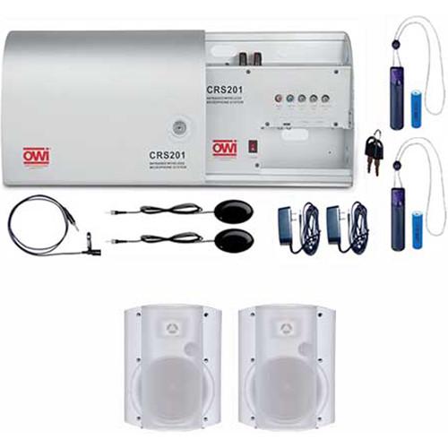 OWI Inc. Infrared Wireless Microphone System with Two Pendant Mics, One Lapel Mic, and Two White P8378 Loudspeakers