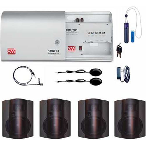 OWI Inc. Infrared Wireless Microphone System with One Pendant Mic, One Lapel Mic, and Four Black P6278 Patio Blaster P Series Speaker