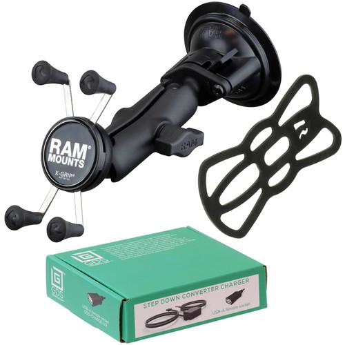 RAM MOUNTS Twist Lock Suction Cup Mount Kit with Universal X-Grip Cradle & USB Type A Step Down Converter Charger