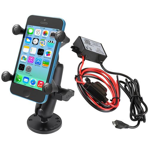 RAM MOUNTS Flat Surface Mount Kit with Universal X-Grip Cradle & Micro-B USB Step Down Converter Charger