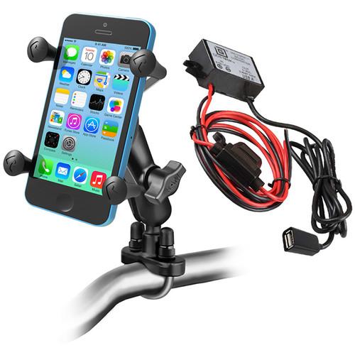 RAM MOUNTS Handlebar Rail Mount Kit with Universal X-Grip Cradle & USB Type A Step Down Converter Charger