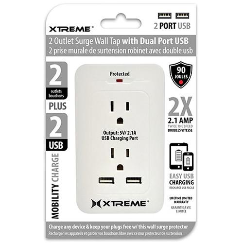 Xtreme Cables 2-Outlet Surge Wall Tap with Dual USB Ports