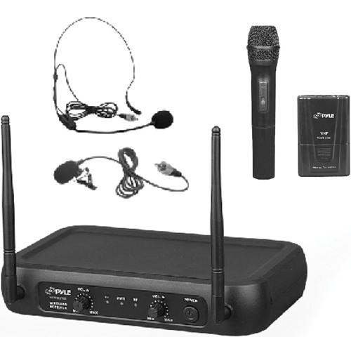 Pyle Pro PDWM2140 VHF Dual-Frequency Wireless System with Handheld, Lavalier, and Headset Microphones