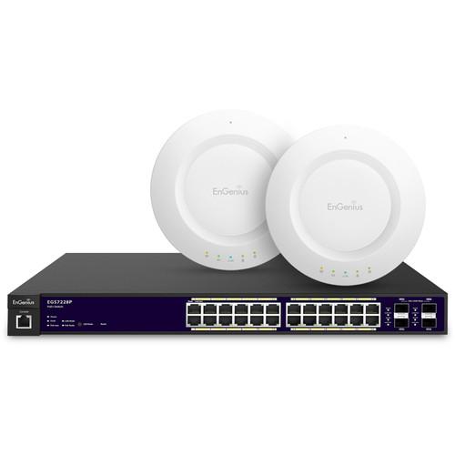 EnGenius 24-Port Gigabit PoE L2 Managed Switch Kit with Two N600 Indoor, Ceiling Mount Access Points