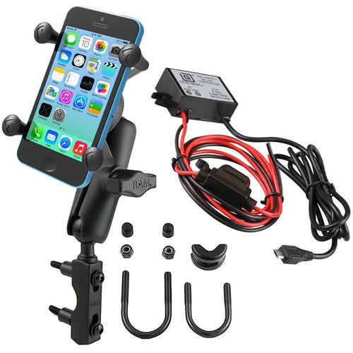 RAM MOUNTS Brake Clutch Reservoir U-Bolt Mount Kit with Universal X-Grip Cradle & Micro-B USB Charger