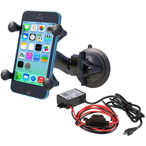 RAM MOUNTS Twist Lock Suction Cup Mount Kit with Universal X-Grip Cradle & Micro-B USB Step Down Converter Charger