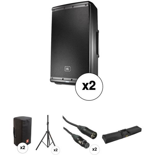 JBL Dual EON612 Powered Speaker Kit with 2 x Covers, 2 x Stands, 2 x Cables, and Speaker Stand Bag