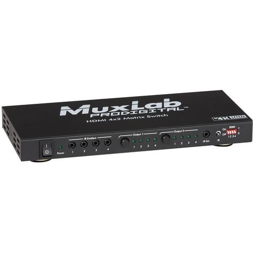 MuxLab 4K HDMI 4x2 Matrix Switch with 3 IR Sensors and 4 IR Emitters