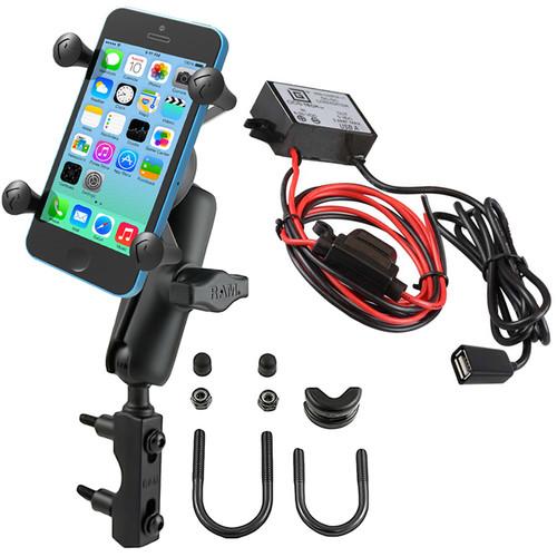 RAM MOUNTS Brake Clutch Reservoir U-Bolt Mount Kit with Universal X-Grip Cradle & USB Type A Charger