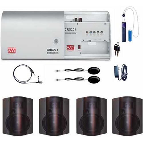 OWI Inc. Infrared Wireless Microphone System with One Pendant Mic, One Lapel Mic, and Four Black P5278 Patio Blaster P Series Speakers