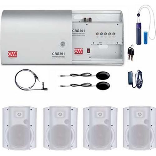 OWI Inc. Infrared Wireless Microphone System with One Pendant Mic, One Lapel Mic, and Four White P8378 Patio Blaster P Series Speaker