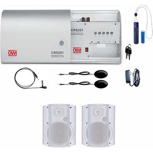 OWI Inc. Infrared Wireless Microphone System with One Pendant Mic, One Lapel Mic, and Two White P8378 Patio Blaster P Series Speaker