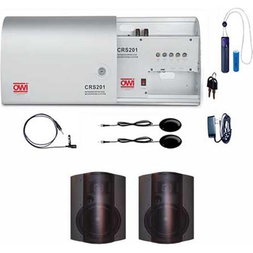 OWI Inc. Infrared Wireless Microphone System with One Pendant Mic, One Lapel Mic, and Two Black P5278 Patio Blaster P Series Speakers