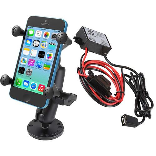 RAM MOUNTS Flat Surface Mount Kit with Universal X-Grip Cradle & USB Type A Step Down Converter Charger