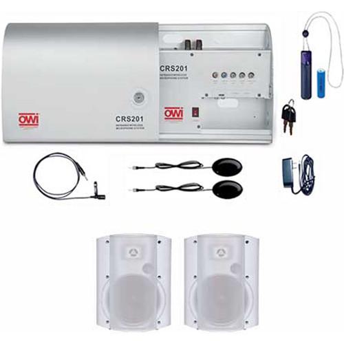 OWI Inc. Infrared Wireless Microphone System with One Pendant Mic, One Lapel Mic, and Two White P6278 Patio Blaster P Series Speaker