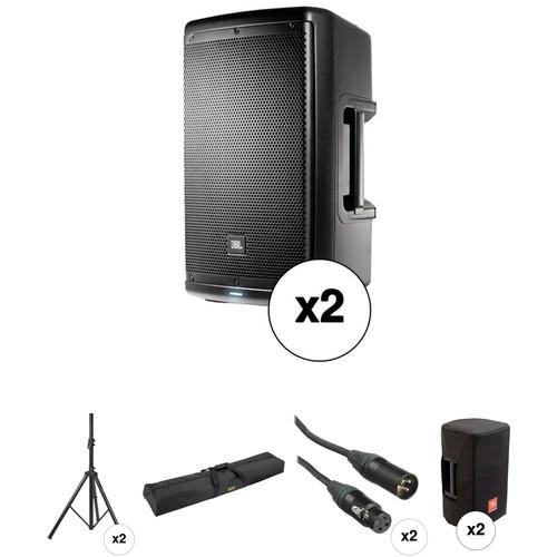 JBL Dual EON610 10" Powered Speakers with Speaker Stands & Accessories