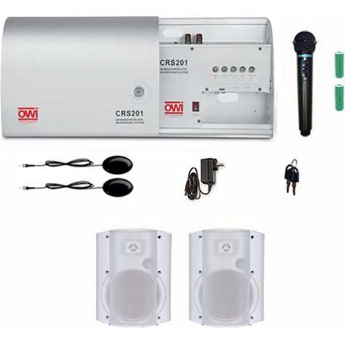OWI Inc. Infrared Wireless Microphone System with One Handheld Mic and Two White P5278P Patio Blaster P Series Speaker