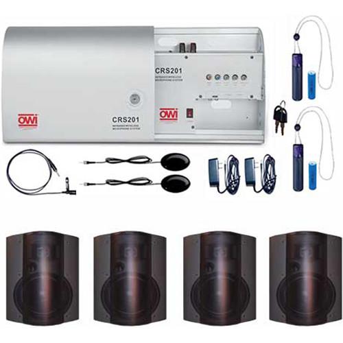 OWI Inc. Infrared Wireless Microphone System with Two Pendant Mics, One Lapel Mic, and Four Black P8378 Loudspeakers