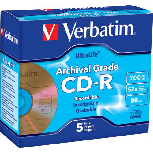 Verbatim CD-R 700MB, 52x, 80 Minute UltraLife Gold Archival Grade, Write-Once, Recordable Disc