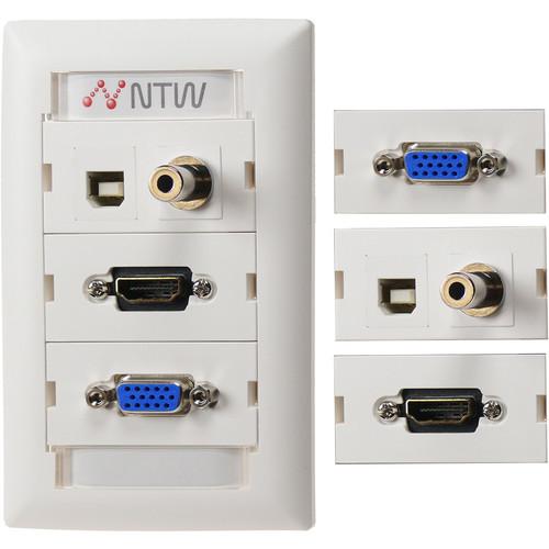 NTW Pre-Configured Customizable UniMedia Wall Plate with HDMI Pigtail, VGA, 1 8" Audio, & USB Pass-Through