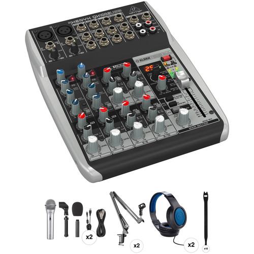 Behringer XENYX QX1002USB Podcasting Kit with 2 Samson Q2U Mic Packs, Stands, Headphones & Cables