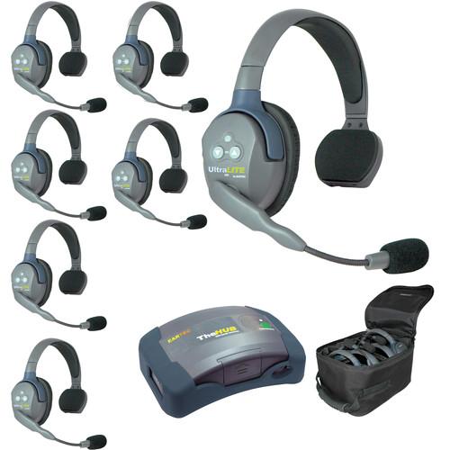 Eartec Ultralite Hub 7 Person System with 7 Single Headsets, with Batteries, Charger and Case