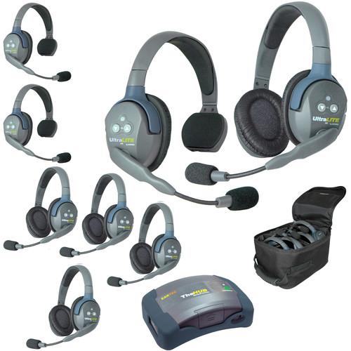 Eartec Ultralite Hub 8 Person System with 3 Single and 5 Double Headset, with Batteries, Charger and Case