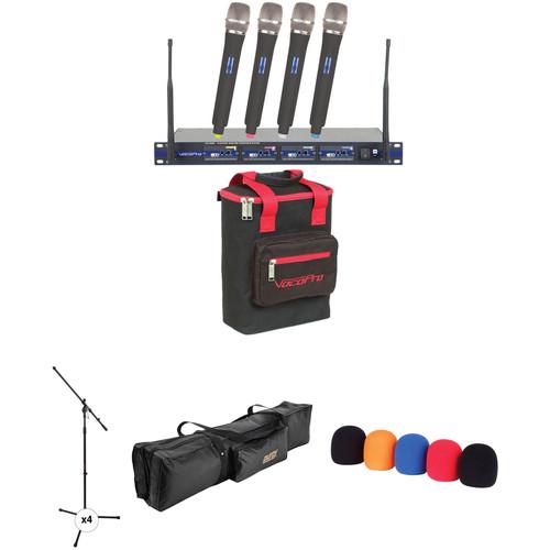 VocoPro UHF-5800-9 PRO 4-Channel Wireless Handheld Microphone System with Stands and Bag Kit