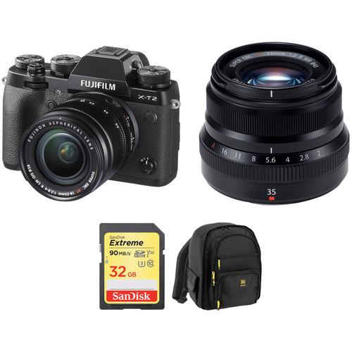 FUJIFILM X-T2 Mirrorless Digital Camera with 18-55mm and 35mm f 2 Lenses and Accessories Kit