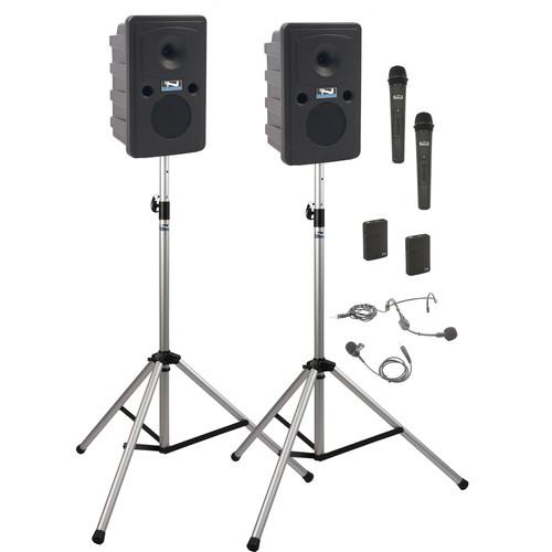 Anchor Audio GG-DP2-HB Go Getter Portable Sound System Deluxe Package 2 with Bodypack & Wireless Handheld Microphone Transmitters and Unpowered Companion Speaker & Speaker Stands
