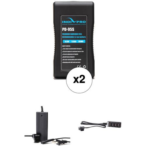 IndiPRO Tools 2 x PD-95S 95Wh V-Mount Batteries, Charger & 4-Way D-Tap Splitter Kit