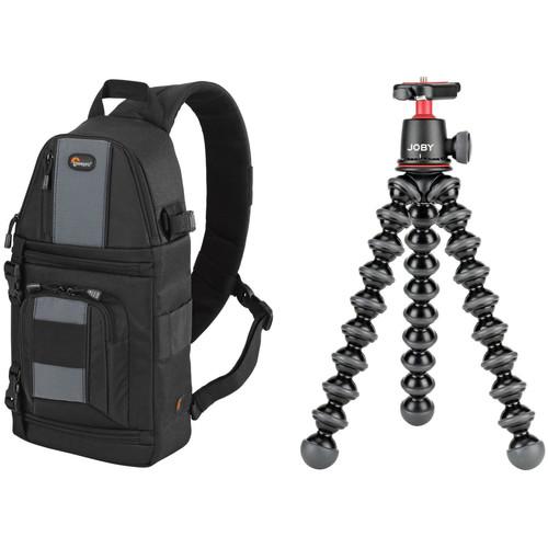 Lowepro SlingShot 102 AW Black Camera Bag and Joby GorillaPod 3K Flexible Mini-Tripod with Ball Head Kit
