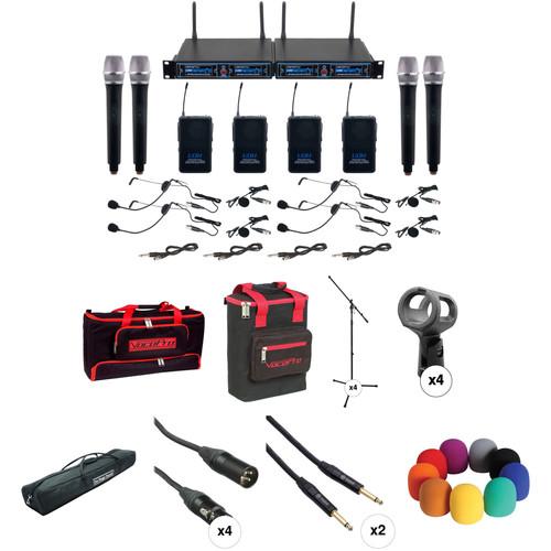 VocoPro UDH-4-Ultra 4-Channel Wireless Mic System with Handheld, Headset & Lav Mics, and Stage Accessories Kit