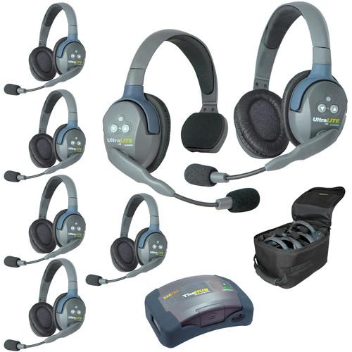 Eartec Ultralite Hub 7 Person System with 1 Single and 6 Double Headsets, with Batteries, Charger and Case