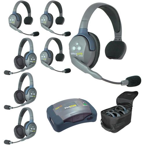 Eartec Ultralite Hub 7 Person System with 4 Single and 3 Double Headsets, with Batteries, Charger and Case