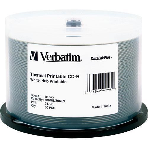 Verbatim CD-R 52x Write Once DataLifePlus White Thermal Printable, Hub Printable Recordable Compact Disc