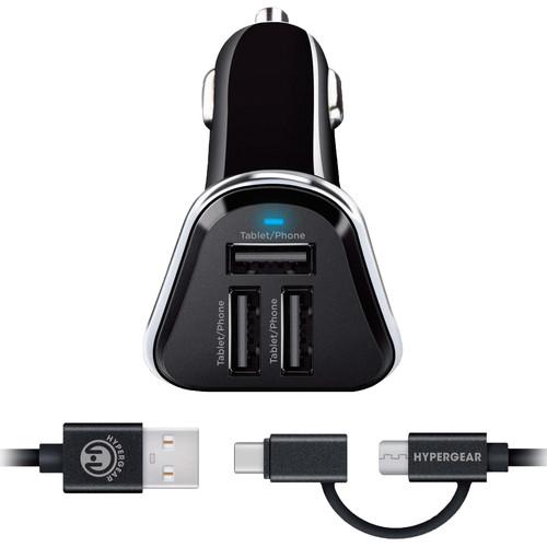 HyperGear 7.2A Triple USB Type-A Car Charger with Hybrid Cable