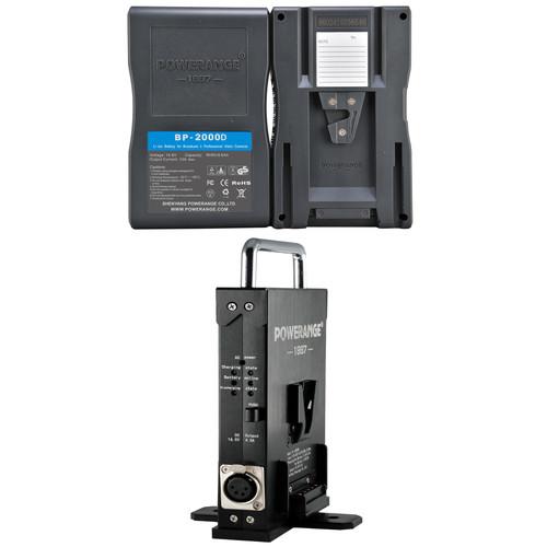 POWERANGE Compact Portable Dual Charger with Simultaneous DC Output for V-Mount and POWERANGE BP Batteries with Two 98Wh V-Mount Batteries