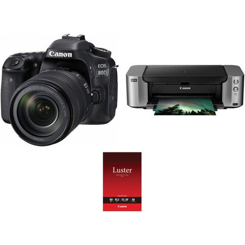 Canon EOS 80D DSLR Camera with 18-135mm Lens and Inkjet Printer Kit